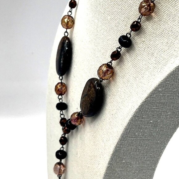 Elegant Faceted Brown & Black Beaded Necklace With Y-Drop  Stone Pendant - Picture 3 of 5